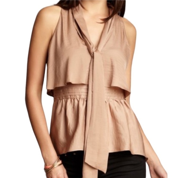 BCBGMAXAZRIA Celline Camel Sleeveless Tie Neck Ruffle Peplum Blouse Size Small - Picture 1 of 11
